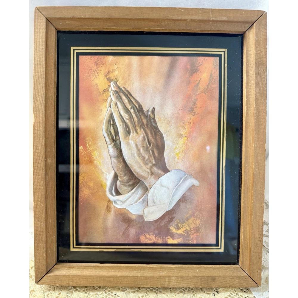 Vintage‎ Praying Hands Foil Art in Wood Frame 8x10 Religious Christian Decor